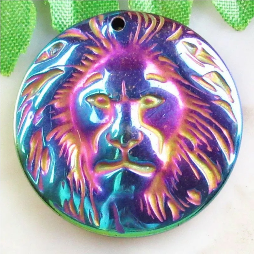 Rainbow Hematite Round Lion Head Necklace